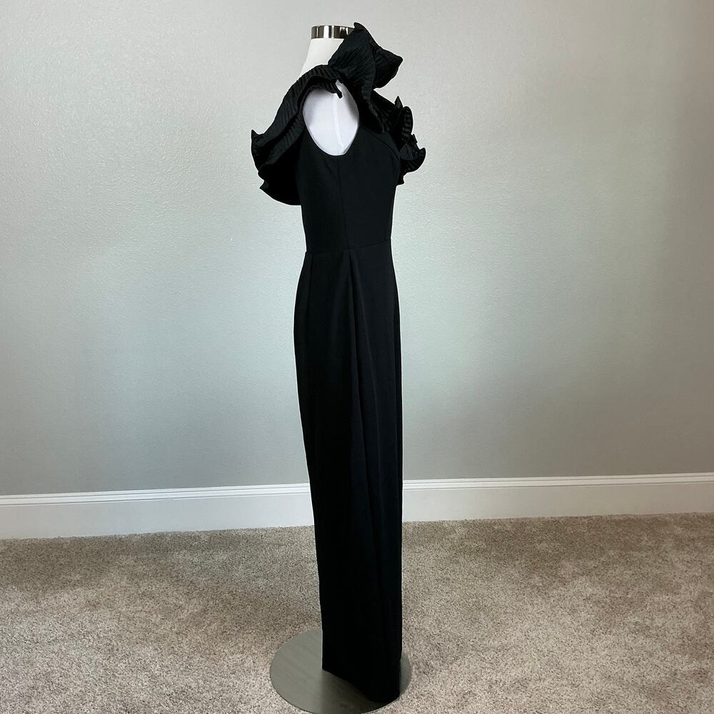 XSCAPE Black Evening Gown Pleated Ruffle One Shoulder Formal Column Dress Size 6 - Picture 4 of 12